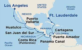 Karta över Princess Cruises rutt genom Panamakanalen