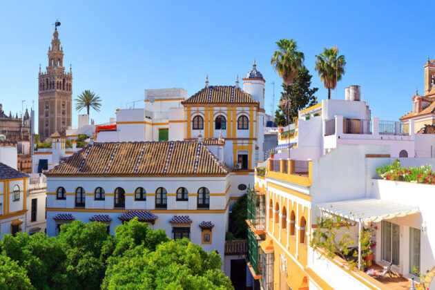 Vacker vy över takåsarna i Sevilla, Spanien, på en solig dag.