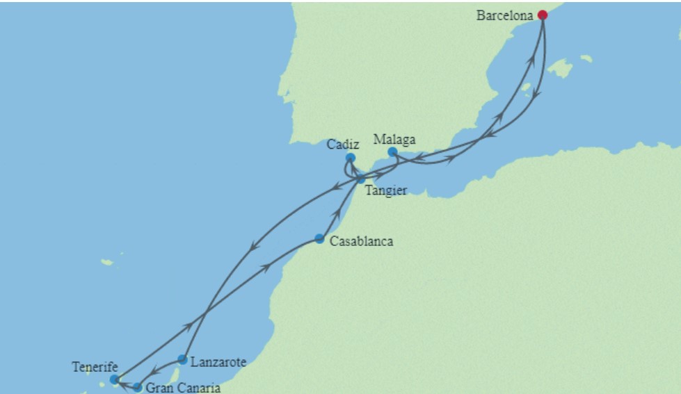 Kryssningskarta Infinity Barcelona till Kanarieöarna och Marocko