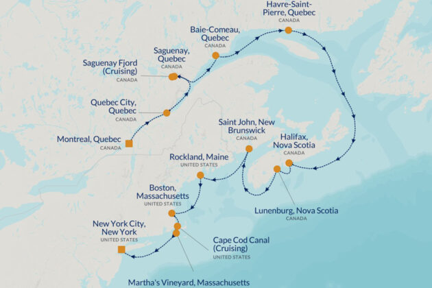 Karta över kryssningsrutt från Montreal till New York, med Azamara Journey.