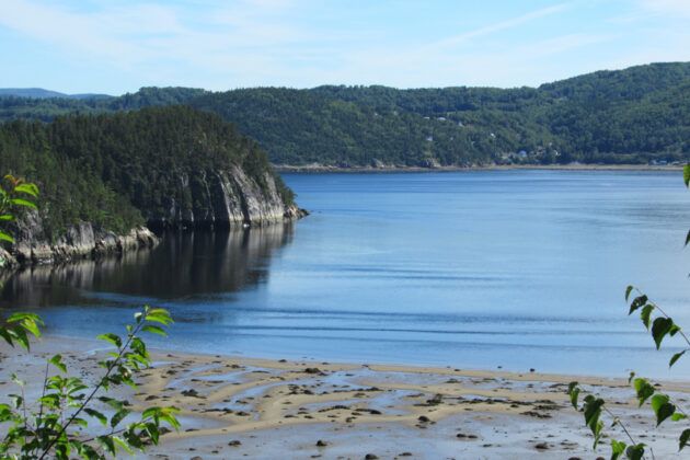 Spegelblankt vatten i Saguenayfjorden i Kanada.